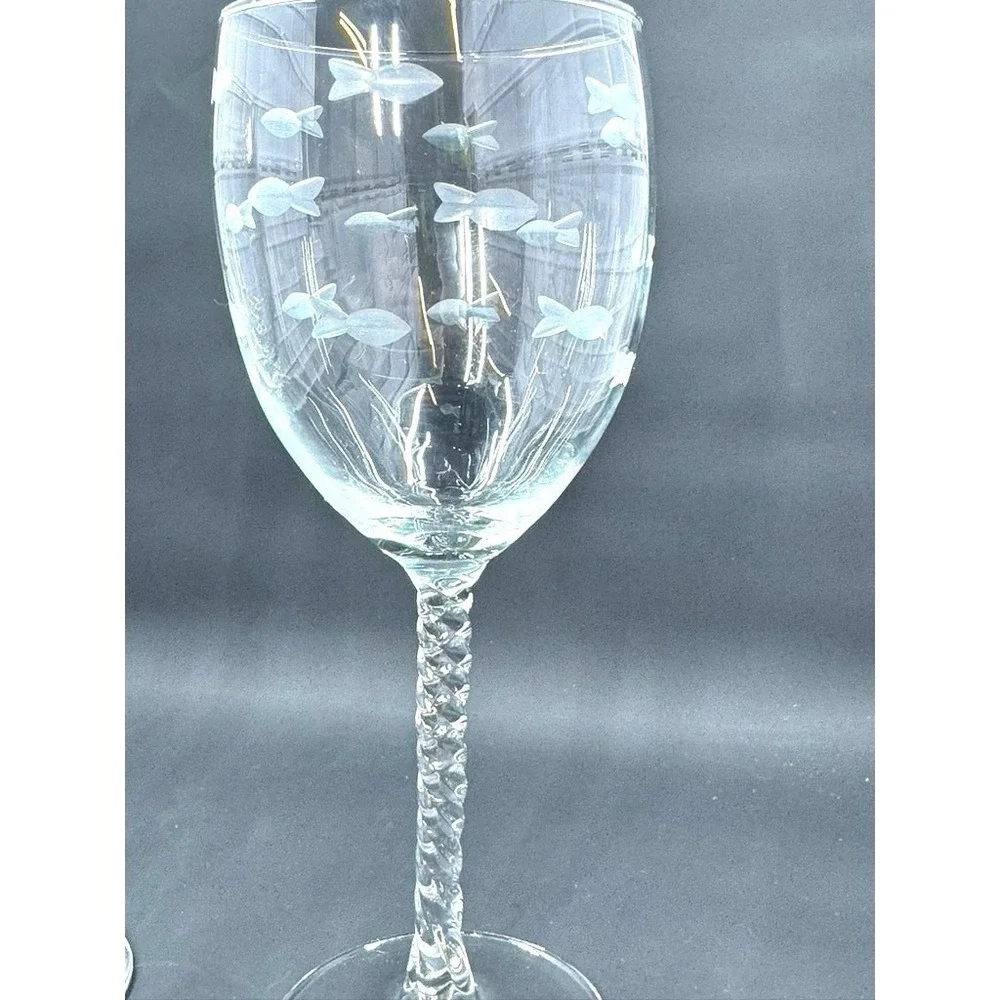 Etched Wine Glass Set Of 2, Cut Out Fish, Signed, RAB 2016, White‎ Wine,